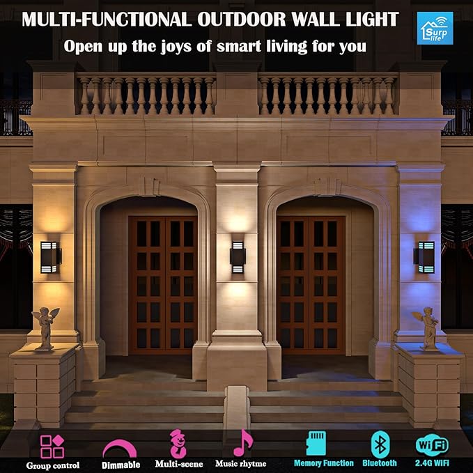 RGB Smart Wall Lights, 2 Pack Front Porch Light Fixtures, Square Color-Changing Outdoor Sconce With E26 Base, IP65 Waterproof Up and Down Lights With Sensor