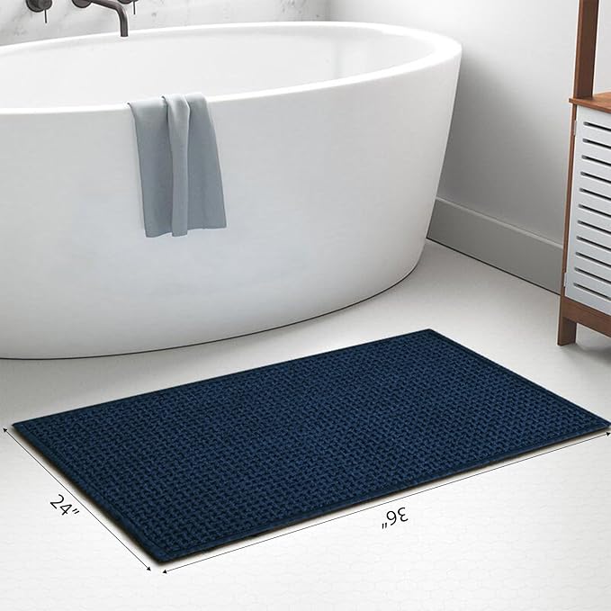 Bathroom Rugs Non Slip Washable, Super Absorbent Thin Bath Mat for Small Quick Dry Low Pile Bathroom Rug, (Navy Blue, 32″x20″)