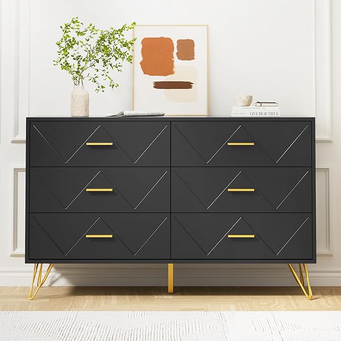 Black Dresser for Bedroom, 6 Drawer Dresser with Golden Handles, Wood Modern Double Chest for Hallway, Entryway