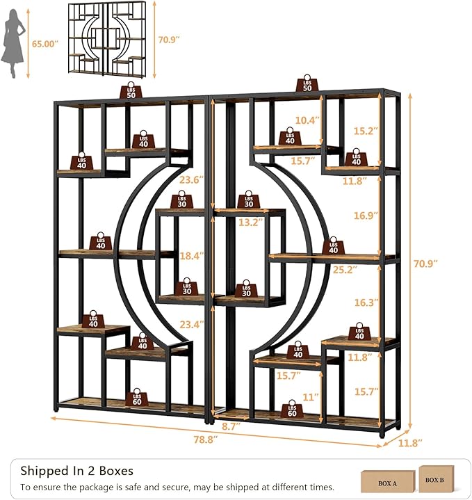 LGHM Industrial 5-Tier Bookshelf with Storage, 70.9 Inch Tall Large Display Bookcase - Modern Metal Standing Shelves for Living Room, Office and Bedroom, Set of 2, Brown