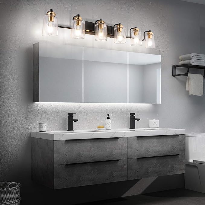 SOLFART Vintage Wall Vanity Lights for Bathroom Vanity Light 40 inch Black Globe Light Metal with Clear Glass Brass Fixtures Wall Mount Lighting Sconce 6 Light