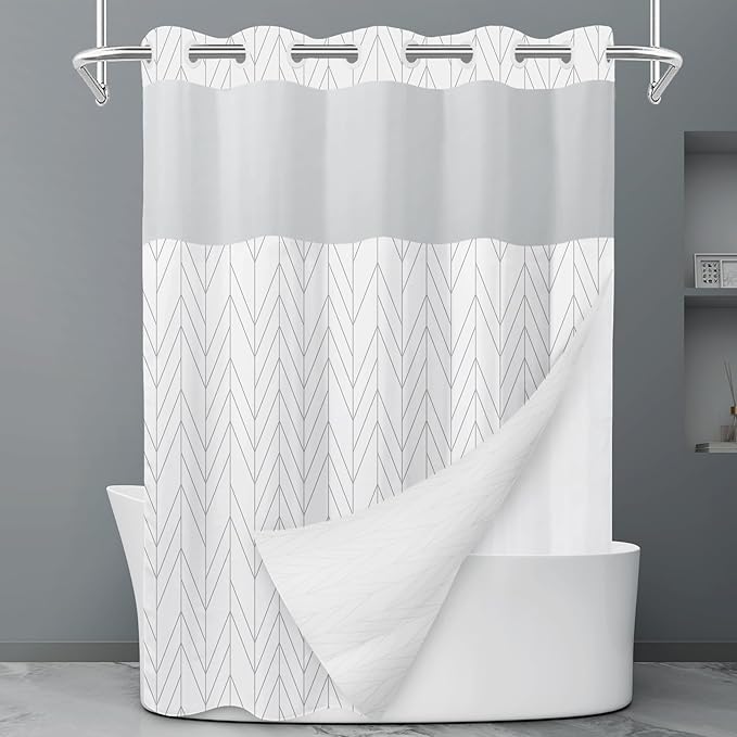 No Hook Geometric Striped Shower Curtain with Snap in Liner Set - Hotel Shower Curtain and Liner Set with See Through Mesh Top Window,Machine Washable, 71x74 INCH- Grey & White Chevron
