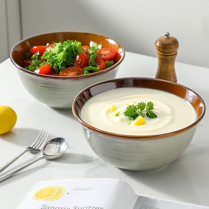 MEKY Serving Bowls, 84oz Ceramic Mixing Bowls for Salad Pasta Soup Pho Pasta Ramen, 9 Inch Large Kitchen Durable Bowls for Baking Cooking Party Dinner, Microwave & Dishwasher Safe,Set of 2, Brown