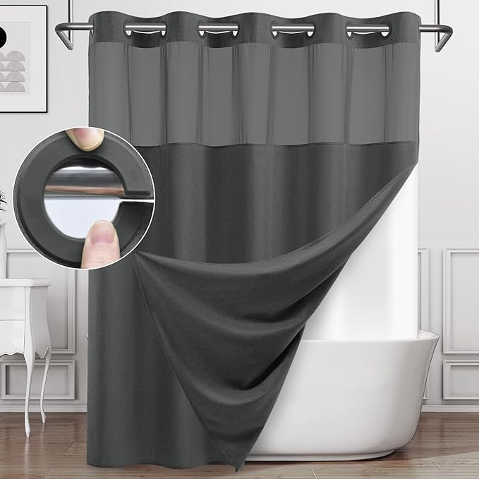 Extra Long No Hook Shower Curtain with Snap in Liner, Polyester Textured Shower Curtain with Liner Set, Waterproof Washable Hotel Style Shower Curtains for Bathroom, 71Wx86H, Charcoal Grey