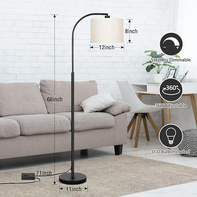 Boncoo Modern Floor Lamp for Living Room, Arc Floor Lamp with Adjustable Hanging Shade, Black Light with Pedal Switch for Bedroom Study Room, 9W 3000K LED Bulb Included