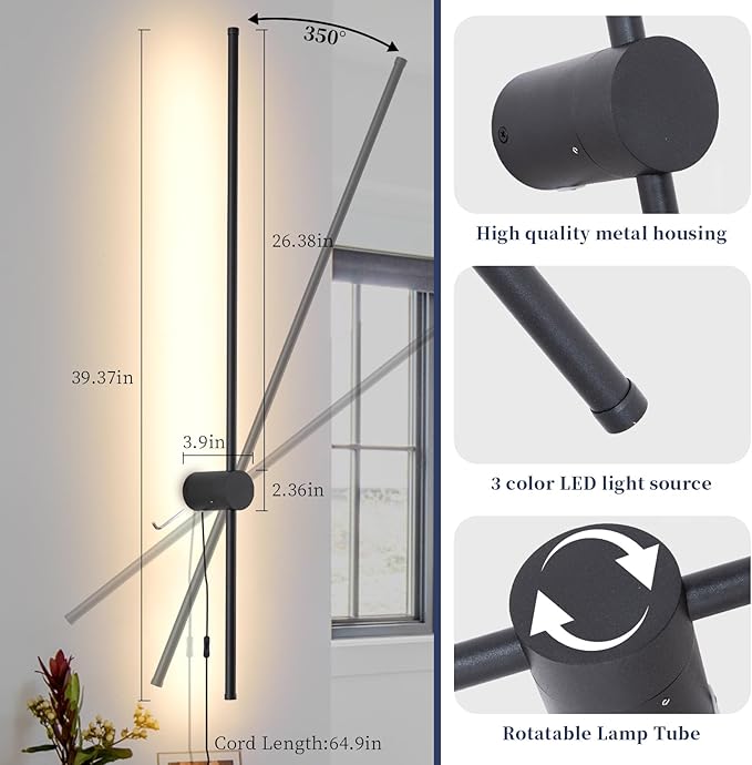 Dimmable Plug in Wall Sconce Set of 2,Black 39.37" LED Wall Light with Remote,Adjustable Color Temperature Brightness,Wall lamp with Timer for Living Room,Bedroom and Accent Lighting