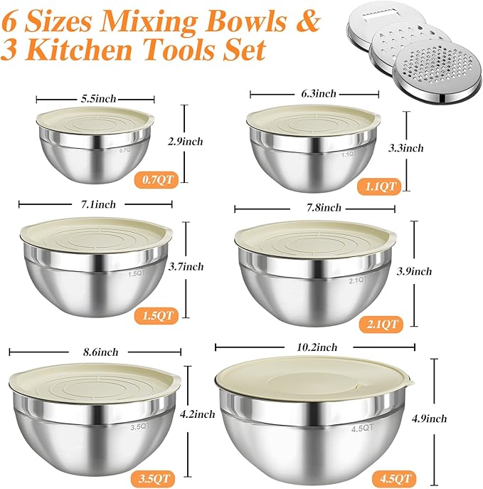 Mixing Bowls with Lids Set, 6 PCS Stainless Steel Mixing Bowls with 3 Grater Attachments, Kitchen Food Storage Organizers Nesting Mixing Bowl, Large Size 4.5, 3.5, 2.1, 1.5, 1.1, 0.7QT
