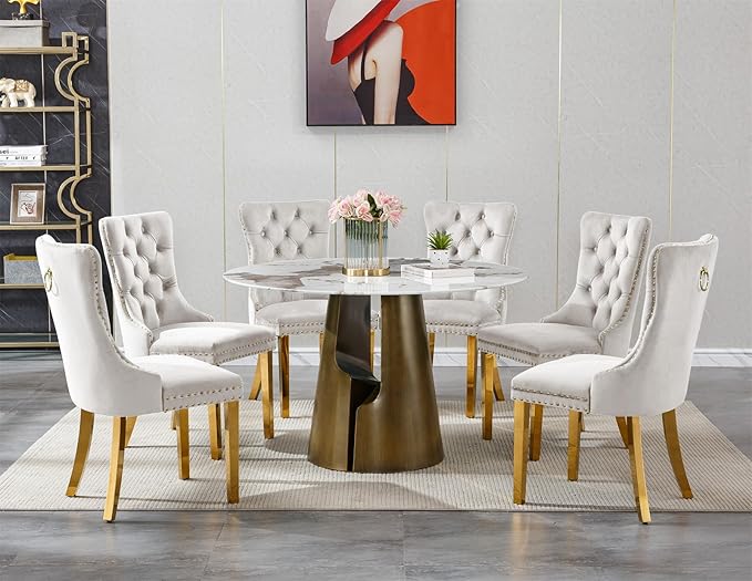 7-Piece Faux Marble Round Dining Table Set for 6, Modern Luxury Kitchen Table Set for 6 with Beige Tufted Chairs,Circle Dining Tables with Pandora Grain Top and Bronze Pedestal Base