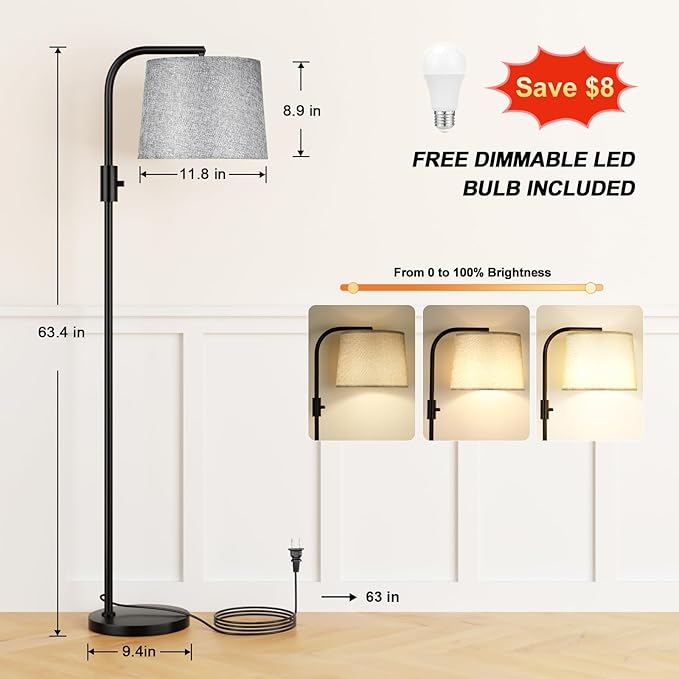 Ambimall Fully Dimmable Floor Lamp - Floor Lamps 9W LED Light Bulbs, Standing Lamps for Living Room with Adjust Head, Modern Standing Light Rotary Switch, Tall Lamp for Bedroom (Black and Linen Grey)