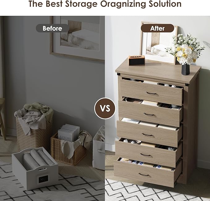 Farmhouse 5 Drawer Dresser for Bedroom, 47" Tall Chest of Drawers, Wood White Dresser with Deep Drawers, Storage Dressers Organizer for Bedroom, Living Room, Hallway, Light Rustic Oak