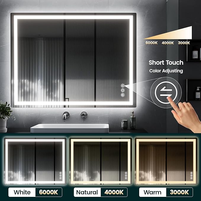 30"x 40" LED Mirror for Bathroom with Frontlit and Backlit, Anti-Fog, 3 Colors Temperature & Dimmable, Wall Mounted Bathroom Mirror