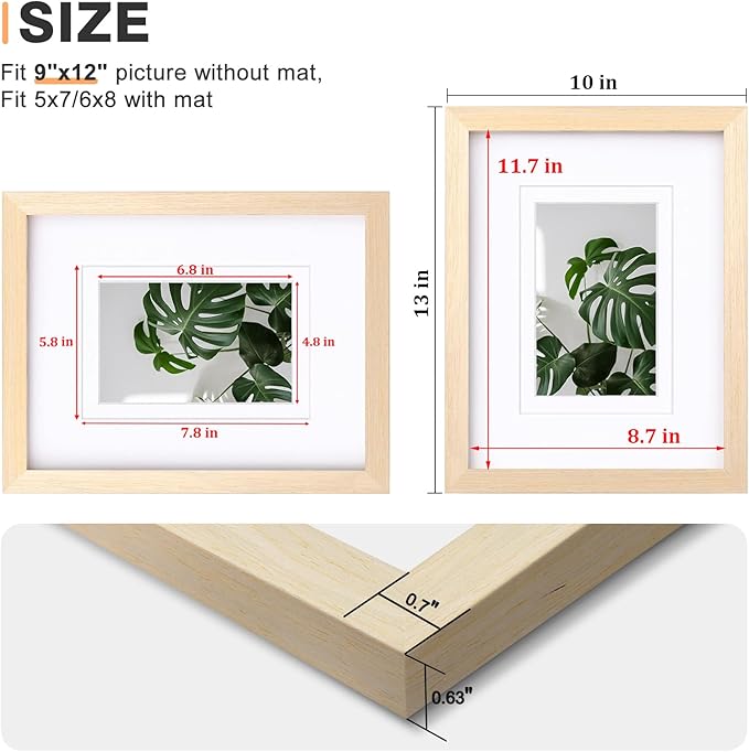 Egofine 9x12 Picture Frame Made of Solid Wood with Plexiglass, Display Pictures 5x7/6x8 with Mat or 9x12 Without Mat for Tabletop and Wall Mounting, Oak Wood