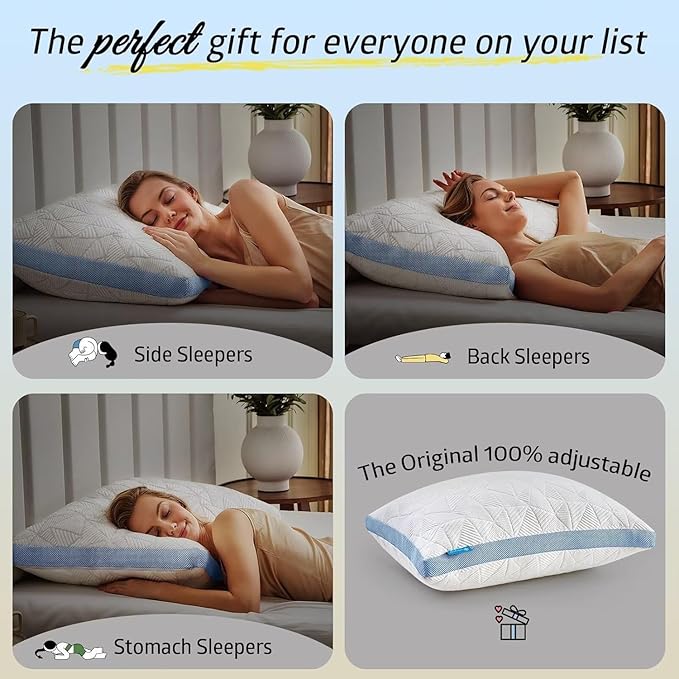 BETU Cooling Pillows Queen Size Set of 2, Shredded Memory Foam Cool Pillows for Hot Sleepers, Adjustable Firm Soft Support Bed Pillows Perfect for Back Neck Pain and Side Sleeping with Cover, Blue