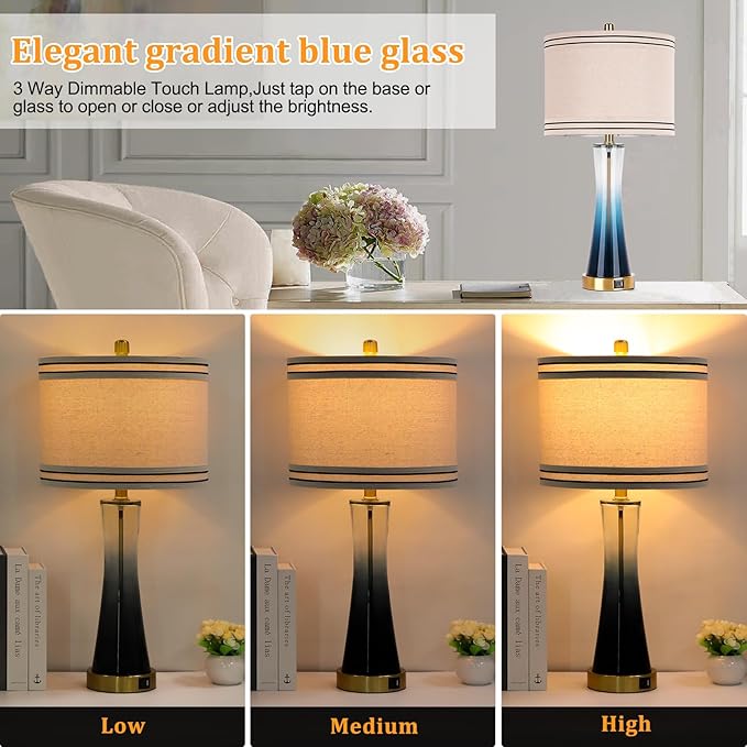 27.4''Table Lamps for Living Room Set of 2，3-Way Dimmable Modern Glass Bedside Lamps with USB Ports，Tall Lamps for Night Stands，Touch End Table Lamps for Bedroom Desk Lamps for Home Office（Blue）