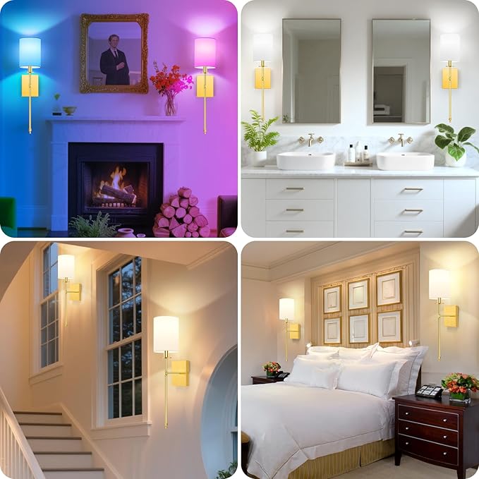 24.8 Inch Wall Sconces Battery Operated Set of 2, Rechargeable Wireless Wall Sconces Lights with Remote, Not Hardwired Dimmable Gold Wall Lamps with White Fabric Shade for Bedroom, 2 Bulbs Included