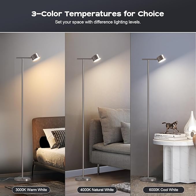 Floor Lamp for bedroom, 3 Color Temperatures Floor Reading Lamp with Flexible Lamp Cap, Modern Bedroom Floor Lamps for Living Room, Simple Design Standing Lamp for Office Working Study Silver
