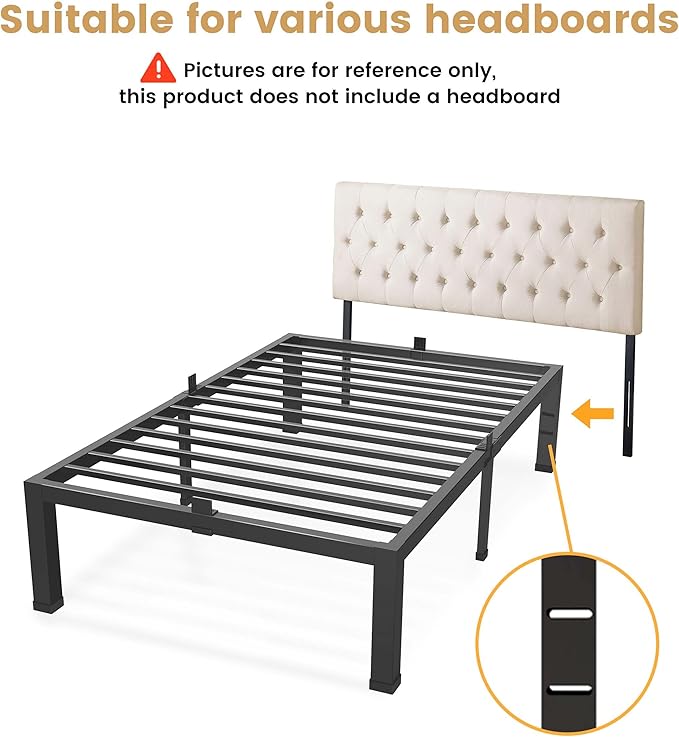 14 Inch Twin XL Metal Bed Frames with Mattress Slide Stopper - Black Basic Anti Squeak Steel Slats Platform, Easy Assembly Heavy Duty Noise Free Bedframes, No Box Spring Needed