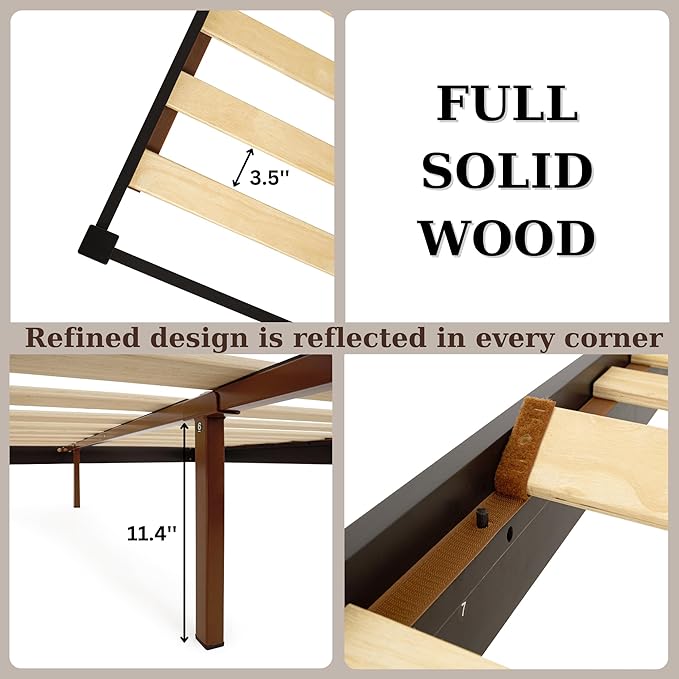 Bme Dinkee Queen Platform Bed Frame Wood 15 Inch - Solid Wood Bed Frame - Modern & Minimalist Style - 12 Strong Wood Slat Support - Easy Assembly - No Box Spring Needed - Black