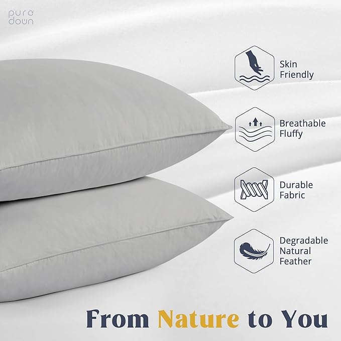 puredown Goose Feathers Down Pillows - King Size Bed Sleeping Hotel Collection Pillows Set of 2 with 100% Cotton Cover, Grey