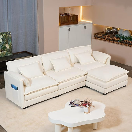 Real Relax 112'' L Shaped Convertible Sectional Sofa Couch, Chenille Modular Sofa with Removable Pillows and Double Layer Cushions, Beige