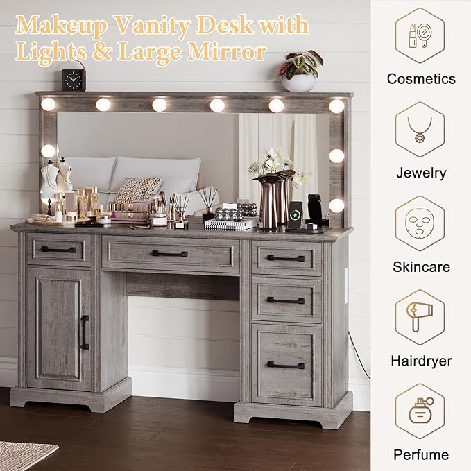 55" Farmhouse Vanity Desk with Large Mirror & Lights, Glass Top Large Makeup Vanity Table with 10 Hollywood Lights Bulbs, Charging Station, 5 Drawers, Dressing Table for Bedroom, Rustic Grey