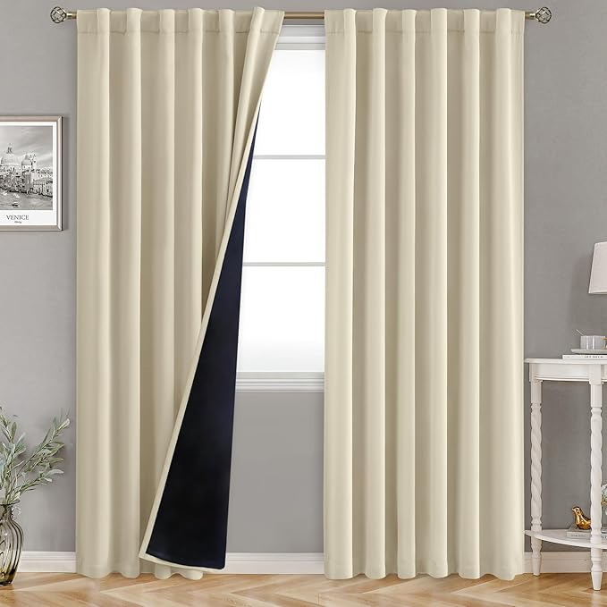BGment 100% Blackout 80 Inch Curtains with Thermal Insulation Liner, Rod Pocket and Back Tab Double Layer Room Darkening Window Treatment Curtain for Living Room (52 x 80 Inch, 2 Panels, Beige)