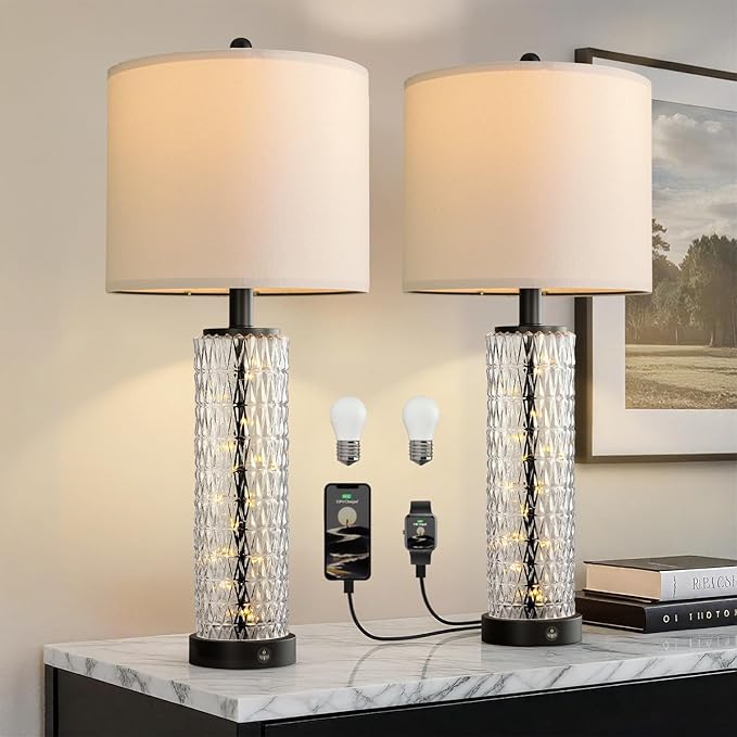 Oneach 27.75” Table Lamps Set of 2, Black Modern Bedside Lamp with LED Night Light, USB A+C, Glass Lamps for Living Room, Bedroom, Nightstand, Office, End Table (2 Bulbs Included)