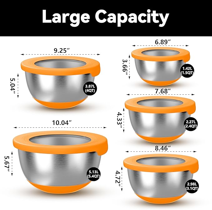 Stainless Steel Mixing Bowls with Lids – Set of 5 Large Nesting Metal Bowls for Kitchen, Baking, Cooking, Food Prep & Storage, Non-Slip Base, Dishwasher Safe,Orange