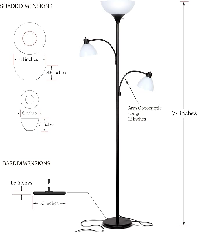 Brightech Sky Dome Double LED Floor lamp, Torchiere Super Bright Floor Lamp with 2 Reading Lamps for Living Rooms & Offices - Dimmable Tall Standing Lamp for Bedroom Reading - Tall Black Pole