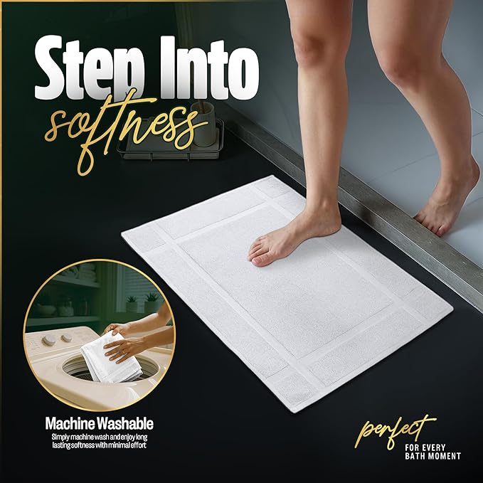 Pearl Linens Pack of 6 100% Cotton Bath Mat 18x25 inches, Soft & Absorbent Quick Dry Bathroom Mat Set, Not Bathroom Rugs, After Shower Mat, Bath Tub Mat, 687 GSM, Machine Washable, White