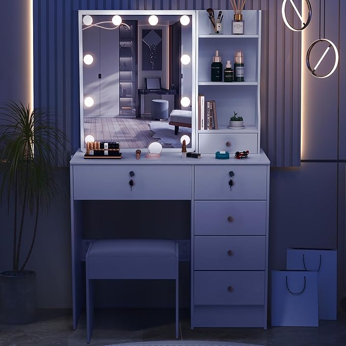 Vanity Mirror with Lights Desk and Chair, 5 Drawers and Cabinet, Makeup Table with Large HD Mirror Makeup Desk, 3 Lighting Modes, White Makeup Table with Stool