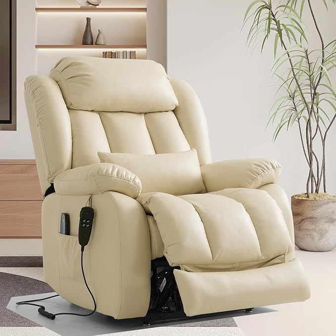 TEKAMON Power Lift Recliner Chair for Elderly with Heat & Massage, Dual Motor Breathable Leather Recliner, Lay Flat Sleeping Chairs with Infinite Position, RemoteControl(Beige, Extended)