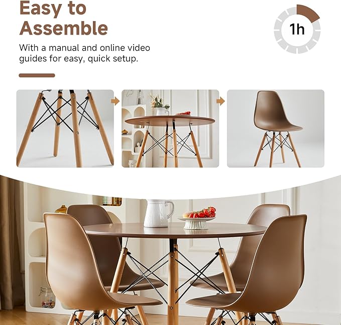 Round Dining Table Set for 4 35.5" Wood Dinner Table Circle Dining Table Kitchen Table Chairs Set of 4 with Wood Strip Base for Kitchen Living Room Space Saving Apartment(Brown)