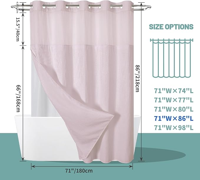 BlushPink Extra Long No Hook Waffle Weave Shower Curtain with snap-in Liner Replacement, 230GSM Waterproof Fabric Hotel Shower Curtain Set for Bathroom, Through Mesh Top Window,71Wx86H