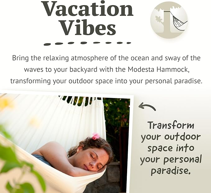 LA SIESTA® Modesta Organic Cotton Hammock - Indoor Outdoor, Bedroom Backyard Porch Patio Tree - Large Fabric Bed, 2 Person - Max 355 Lbs, Double Hammock, Latte