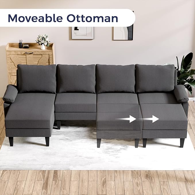 U Shaped Sectional Couch, Convertible Modular Sectional Sofa with Chaise & Ottomans, Modern 6 Seat U Shaped Couches for Living Room Apartment, Grey