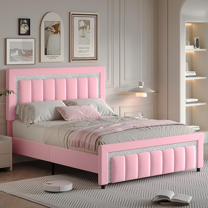 HOMBCK Queen Bed Frame, Upholstered Bed Frame with Diamond Headboard, Modern Queen Size Bed with Wooden Slats Support, Mattress Foundation, No Box Spring Needed, Easy Assembly, Pink