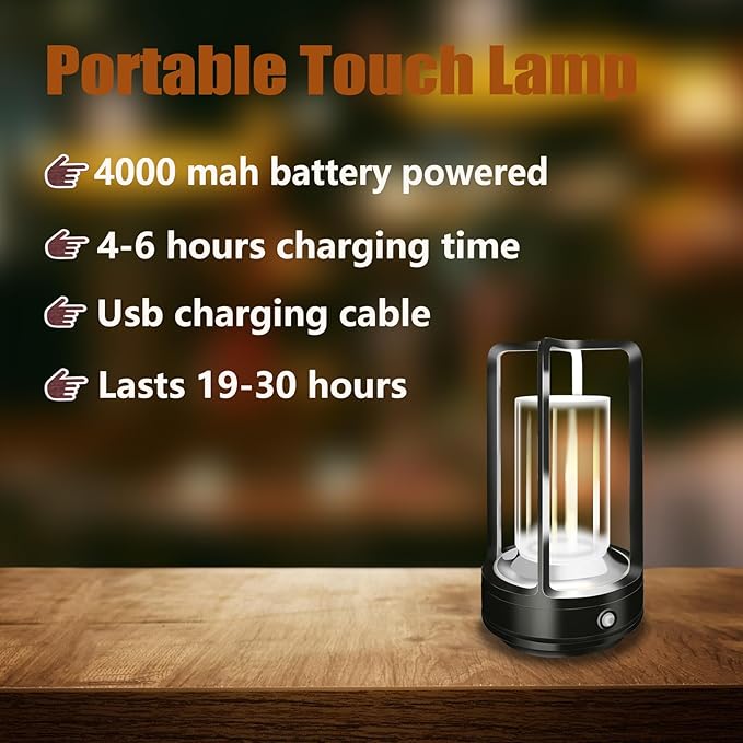 Portable Metal Table Lamp, 4000 mAh Outdoor Table Lights Rechargeable, 3 Color Stepless Dimmable Battery Operated Lamp for Patio, Camping, Bar Samll Desk Lamp for Indoor/ Outdoor (Black)