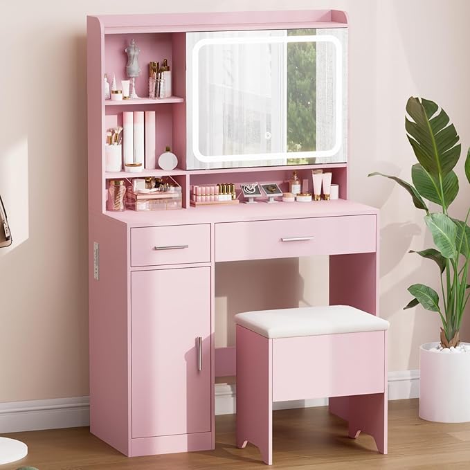 Vanity Desk with Sliding Mirror & Power Outlets - Dimmable LED Lighting, 4 Open Shelves, 2 Drawers, 1Storage Cabinet & Padded Stool - Ideal Bedroom Makeup Dressing Table （Pink）