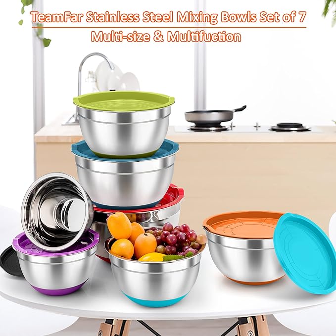 TeamFar Mixing Bowls Set of 7, Stainless Steel Mixing Bowls with Lids for Baking Mixing Prepping, Salad Bowl with Air-tight Lid & Silicone Bottom - 4.6/3.5/2.6/2 / 1.5/1 / 0.7 Qt