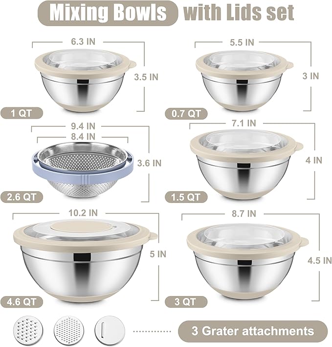 E-far Mixing Bowls with Lids Set, 15PCS Stainless Steel Mixing Nesting Bowl with Colander & 3 Metal Grater for Kitchen Prep/Baking/Storage, Non-Slip Bottom & Airtight Lid, 4.6, 3, 1.5, 1, 0.7QT, Khaki