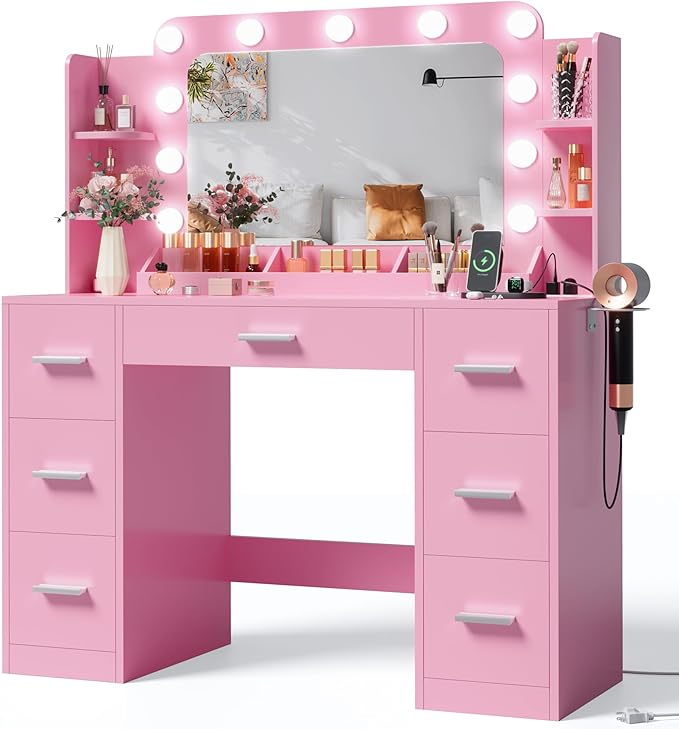 JUMMICO Makeup Vanity Desk with Large Mirror and Lights, Vanity with Power Strip and Hairdryer Holder, 6 Open Shelves and 7 Drawers Modern Dressing Table, for Bedroom (Pink)