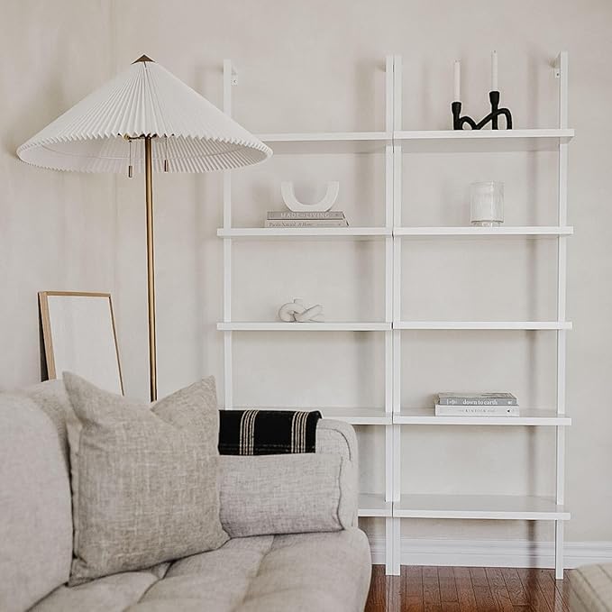 Nathan James Theo 5-Shelf Modern Bookcase, Open Wall Mount Ladder Bookshelf with Industrial Metal Frame, White, Set of 4