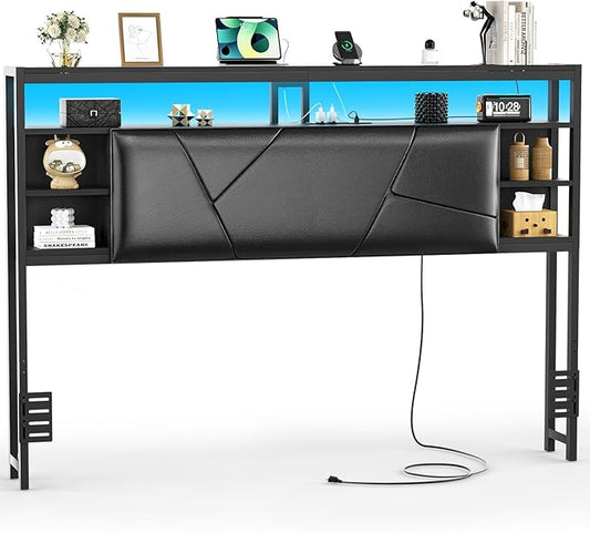 Queen Size Headboard with Charging Station and Smart RGB LED Lights, Queen Bed Upholstered Head Board with Storage Shelf, Sturdy and Solid Headboards for Bedroom, Guest Room and Dorm, Black