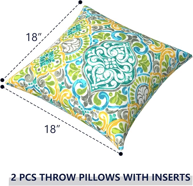 Outdoor Pillows for Patio Furniture 18x18 inch, Square Outdoor Throw Pillows with Inserts, Decorative Toss Pillows for Garden Couch Home Sofa Office Chair, Pack of 2,Damask Green