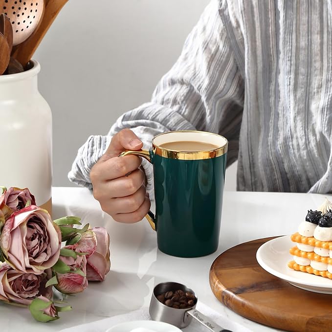 Coffee Mugs,12OZ Ceramic Coffee Mugs Set of 6,Cups with Large Handles for Men Women, Porcelain Big Mug for Tea Latte, Housewarming Wedding Gifts(green and gold)