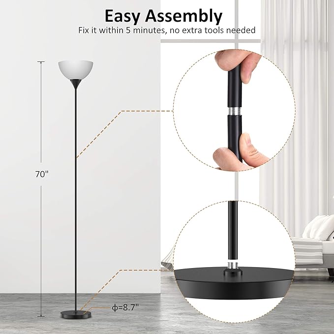 PESRAE Floor Lamp, Remote Control with Stpeless Color Temperatures and Brightness, Torchiere lamp for Bedroom, Living Room, Bulb Included (Matte Black)