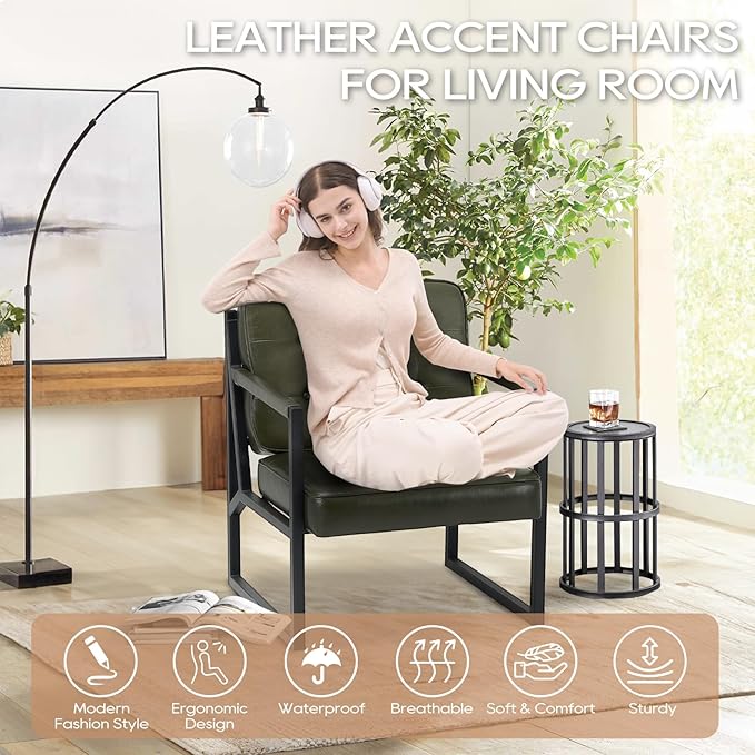 COLAMY Modern Accent Chair, Accent Arm Chair for Living Room, Comfy Leather Armchair with Metal Legs for Bedroom Reception Waiting Room, Green