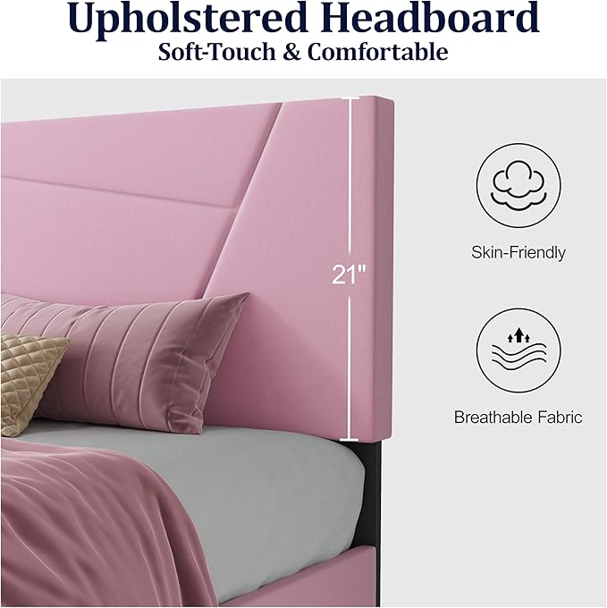 Queen Size Bed Frame, Queen Platform Bed Frame with Velvet Upholstered Headboard, Geometric Pattern, Sturdy Frame and Slats, Noiseless, No Springs Required, Easy to Assemble，Pink