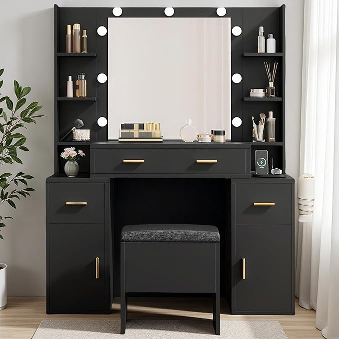 DWVO Vanity Desk with Large Mirror and LED Lights, Makeup Vanity Table Set with Power Outlets, Comfy Stool & Storage Drawers, Shelves and Cabinets, 3 Lighting Modes Makeup Table, Dressing Room, Black